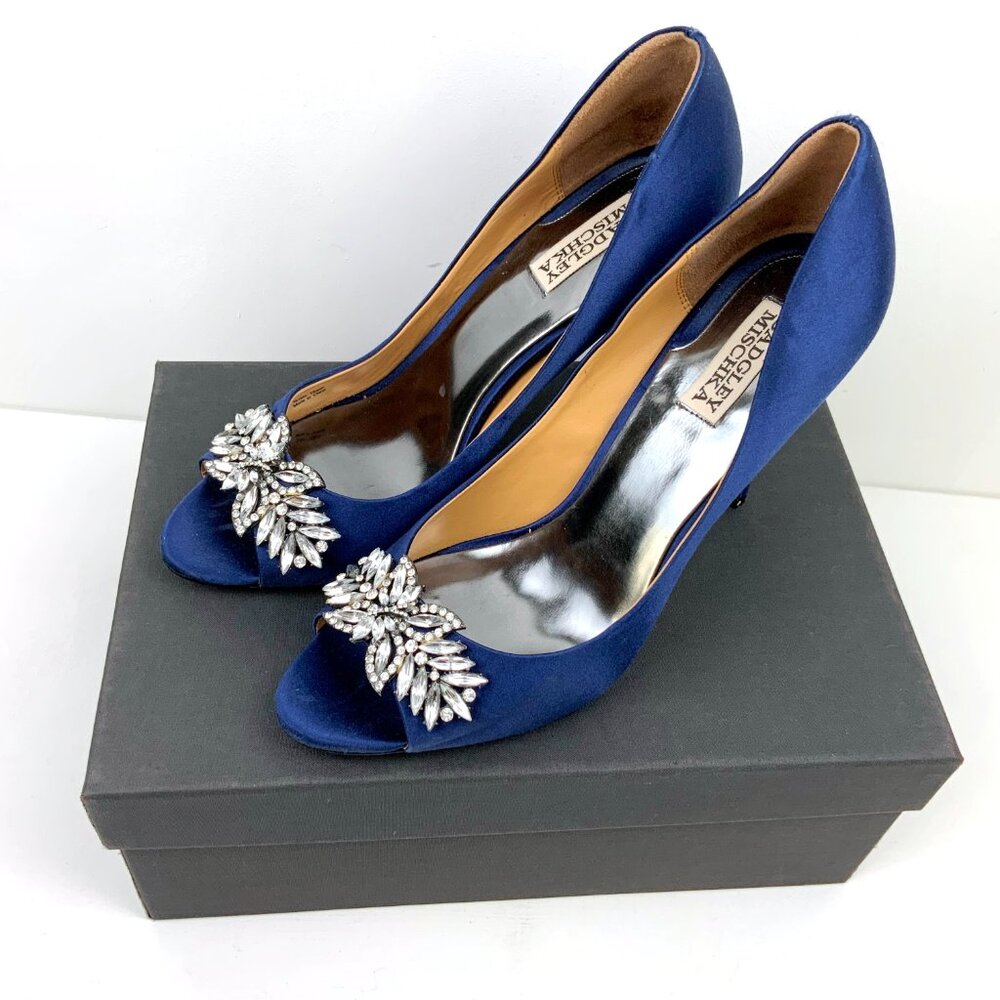Badgley Mischka Blue Satin & Rhinestone Peep-Toe Formal Lux Pump Sz 10M - Picture 12 of 16